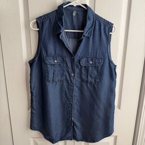 FSP Blue Chambray Button Up Sleeveless Top Women's Size Medium Office Boho Rodeo